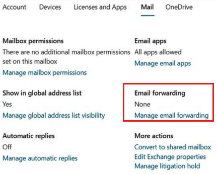 Skärmbild av att kontrollera vidarebefordran av SMTP-adress med hjälp av Microsoft 365-portalen.