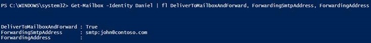 Skärmbild av att kontrollera vidarebefordran av SMTP-adress med hjälp av PowerShell.