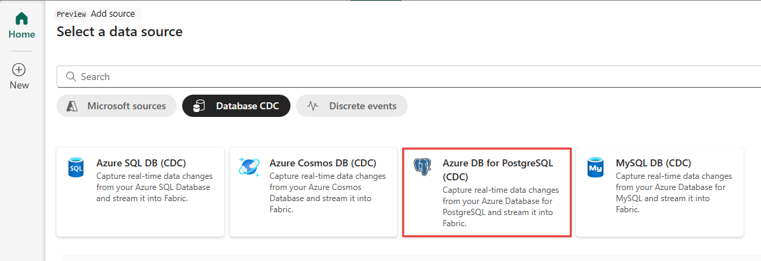 En skärmbild av att välja PostgreSQL DB (CDC).