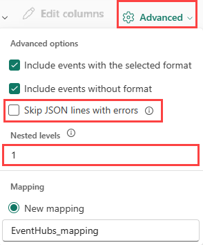 Skärmbild av avancerade JSON-alternativ.