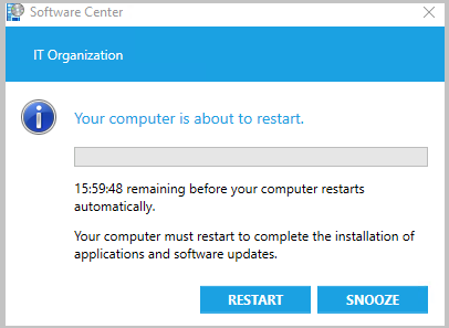 Skärmbild av aviseringar om väntande omstart av Software Center med snooze-knappen.