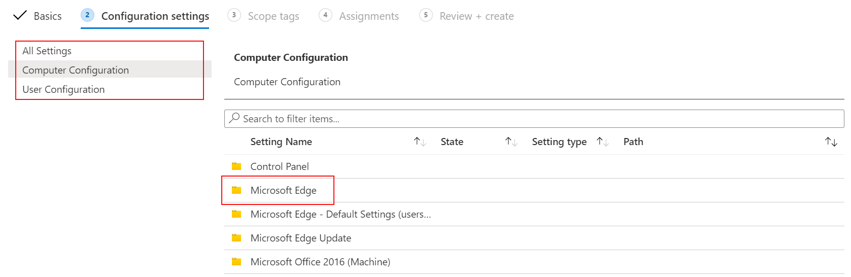 Skärmbild som visar ADMX-inställningarna för användarkonfiguration och datorkonfiguration i Administrationscenter för Microsoft Intune och Intune.