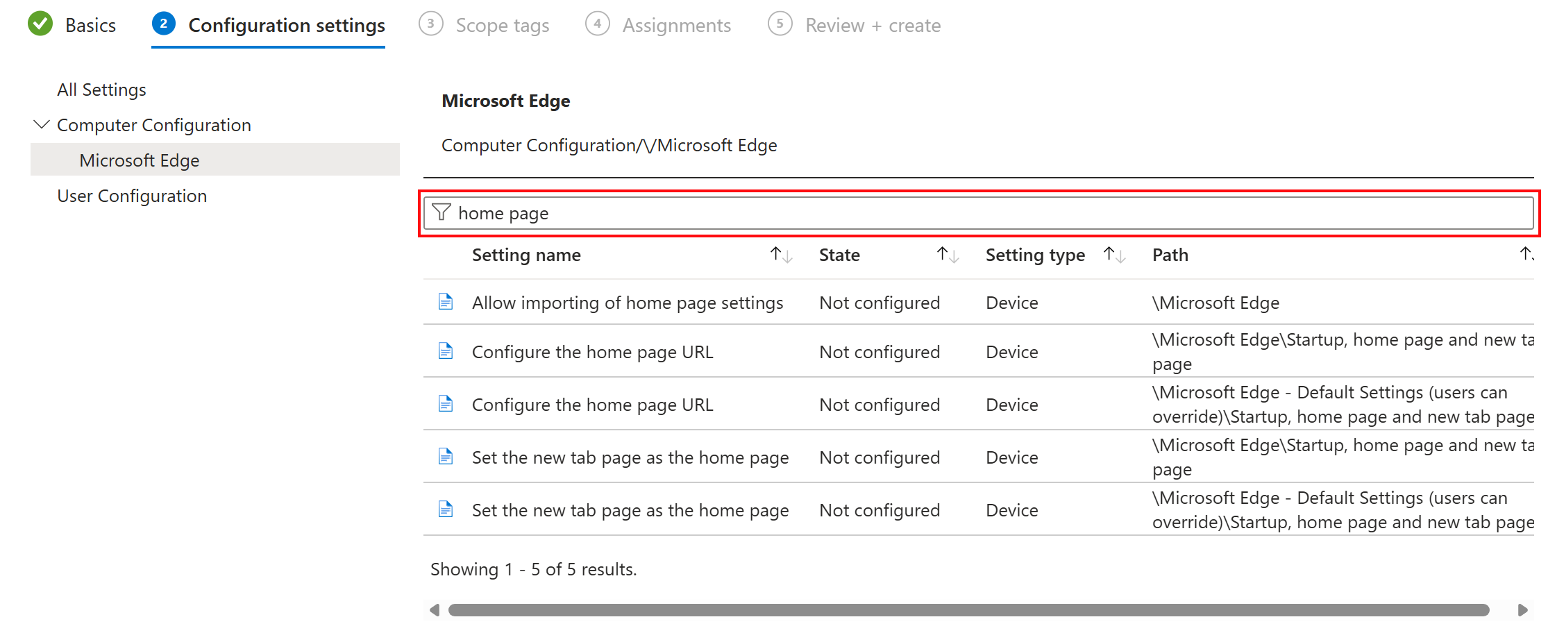 Skärmbild av Använd sökningen för att filtrera ADMX-inställningar i Administrationscenter för Microsoft Intune och Intune.