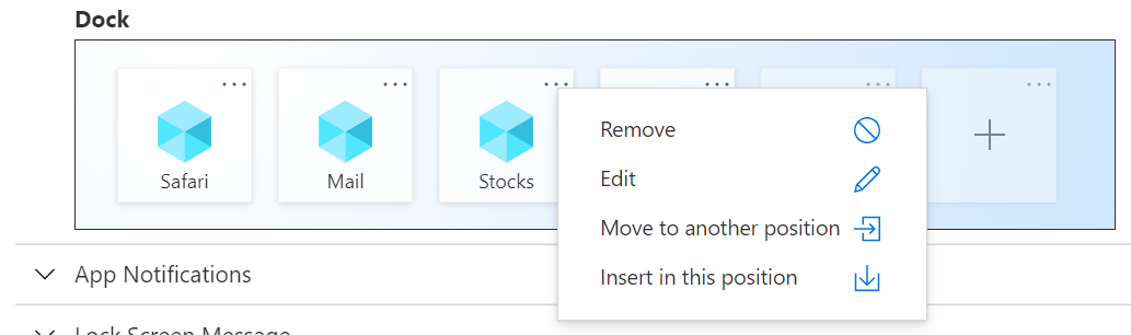 Exempel på dockningsinställningar för startskärmslayout för iOS/iPadOS i Microsoft Intune