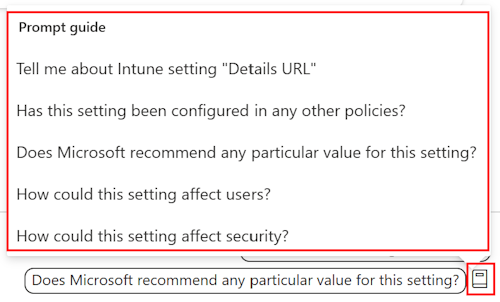 Skärmbild som visar snabbguiden för Copilot-inställningar och en lista över tillgängliga frågor i inställningskatalogen i administrationscentret för Microsoft Intune och Intune.