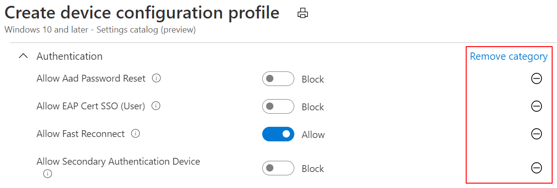 Skärmbild som visar inställningskatalogen och att standardvärdena i Administrationscenter för Microsoft Intune och Intune är desamma som standardvärdena för operativsystemet.