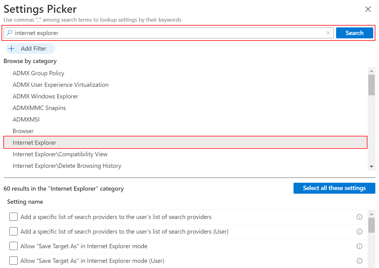 Skärmbild som visar inställningskatalogen när du söker efter Internet Explorer för att se alla Internet Explorer-inställningar i administrationscentret för Microsoft Intune och Intune.