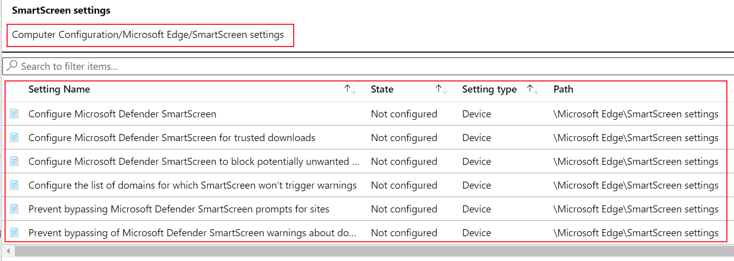 Skärmbild som visar hur du ser principinställningarna för Microsoft Edge SmartScreen i ADMX-mallar i Microsoft Intune.