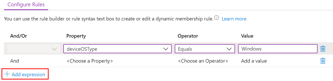 Skärmbild som visar hur du skapar en dynamisk fråga och lägger till uttryck i en administrativ Microsoft Intune-mall.