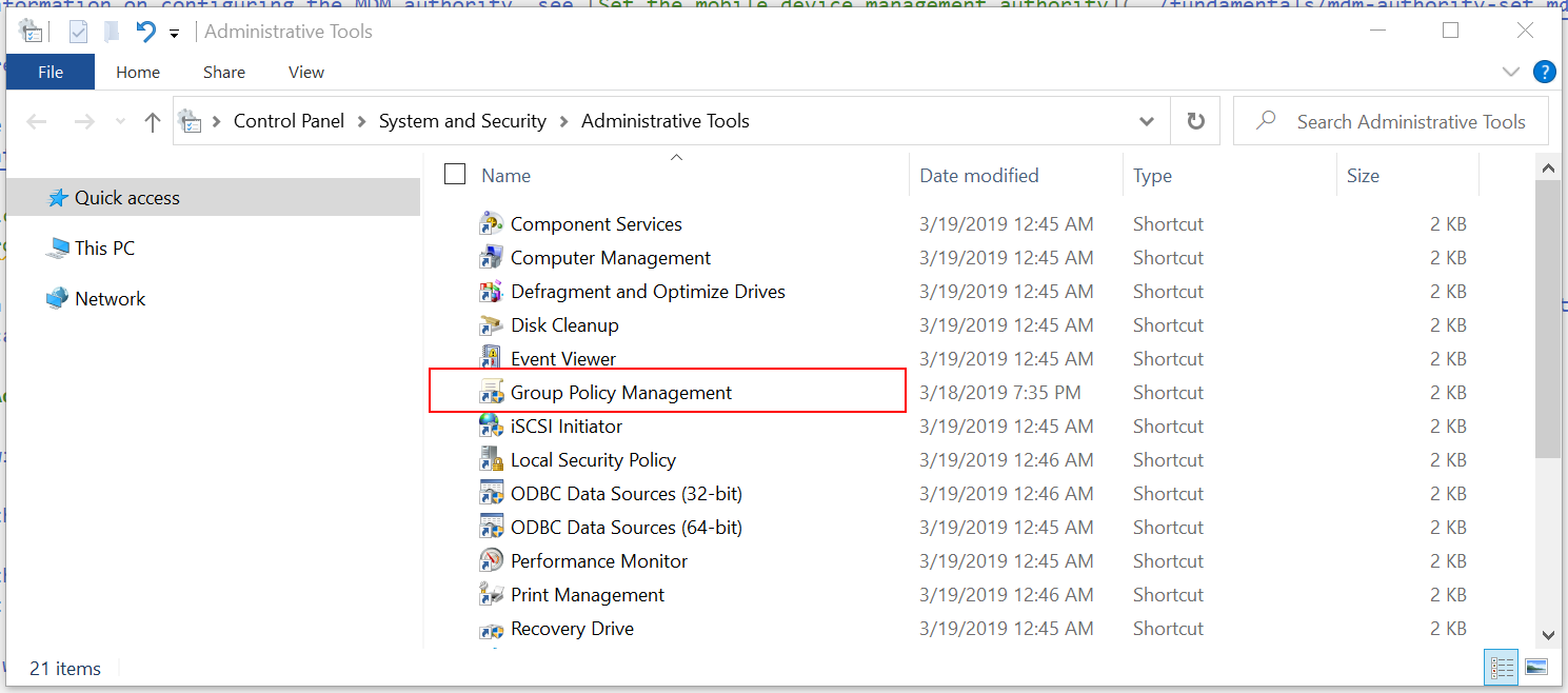 Skärmbild som visar windows administrationsverktygsappar, inklusive grupprinciphanteringsappen.