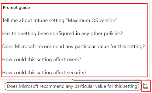 Skärmbild som visar promptguiden för Copilot när du lägger till en inställning i en efterlevnadsprincip i Microsoft Intune och Administrationscenter för Intune.