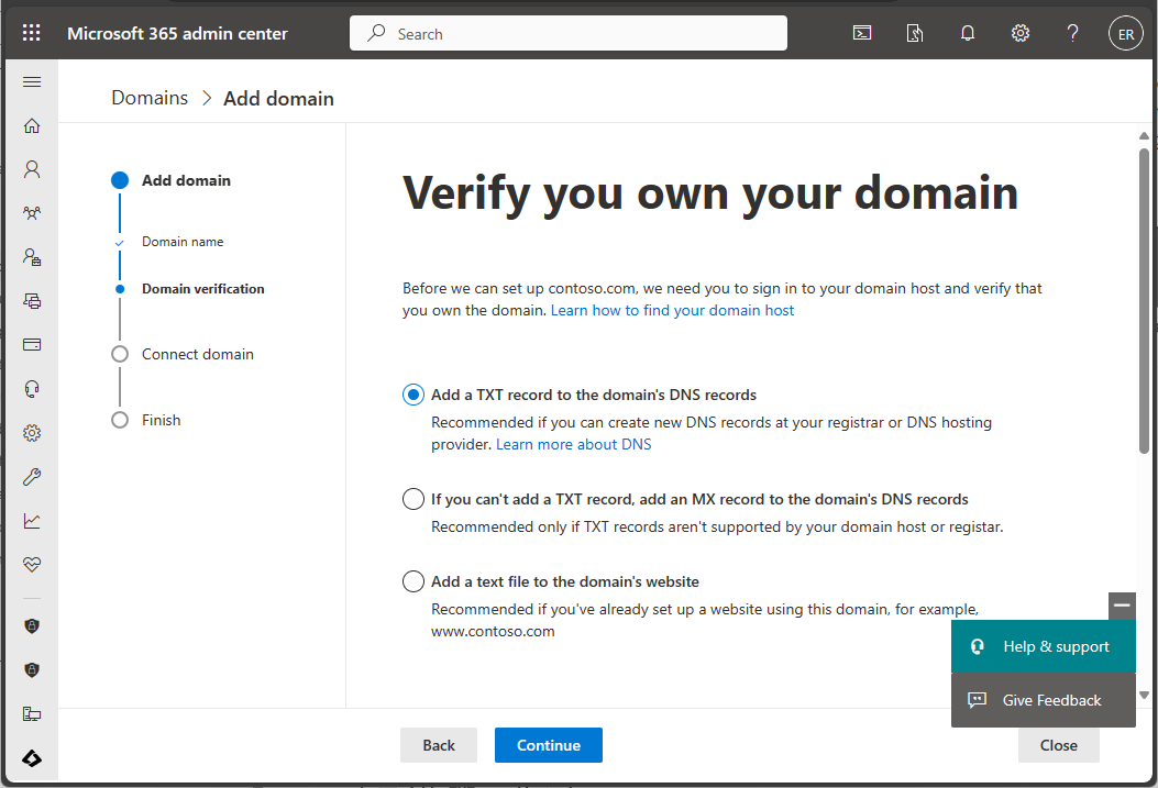 Skärmbild av administrationscentret för Microsoft 365 – Verifiera domän