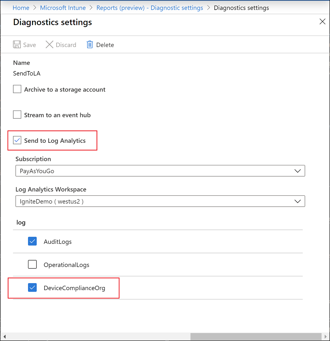 Intune-rapporter – Diagnostikinställningar