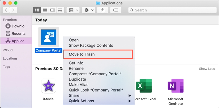 Exempel på skärmbild av macOS Finder, programmappen, företagsportalappen, med alternativet Flytta till papperskorgen markerat i appmenyn.