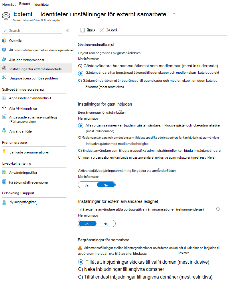 Skärmbild av sidan Inställningar för externt samarbete i Microsoft Entra.