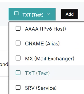 Välj TXT i listrutan Typ för TXT-posten för domänverifiering.