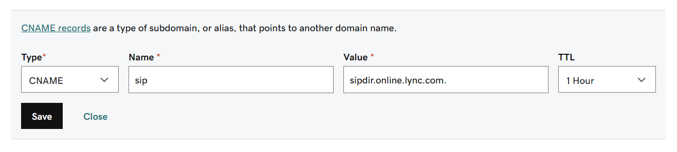 Fyll i värdena från tabellen för CNAME-posterna för Microsoft Teams.