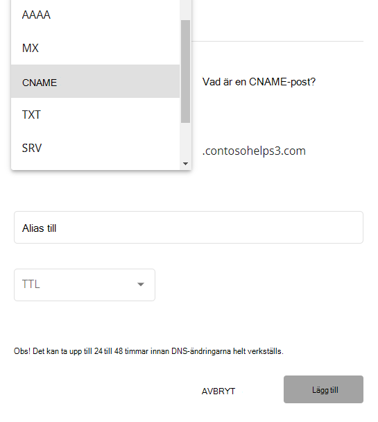 Välj CNAME i listrutan Typ.