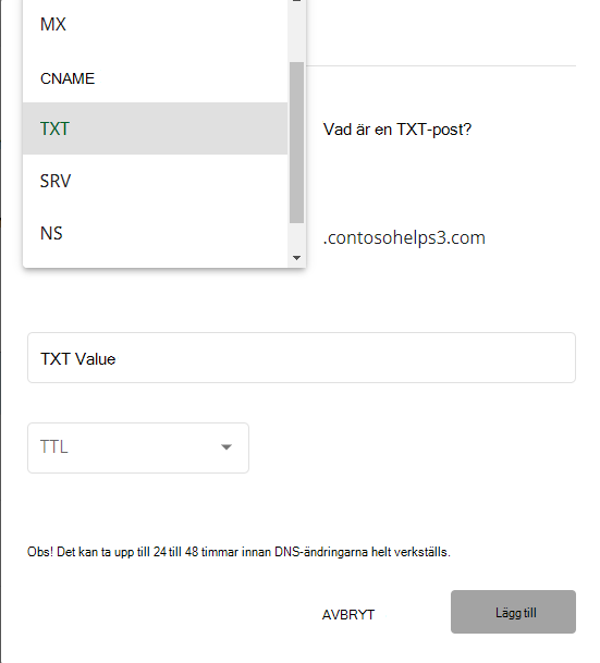 Välj TXT i listrutan Typ för TXT-posten för domänverifiering.