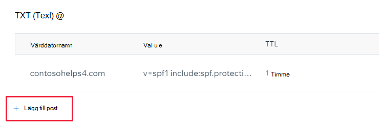 Skärmbild av var du väljer Lägg till post för att lägga till en TXT-post för domänverifiering.