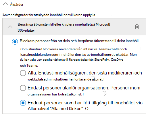 Skärmbild av åtgärdsalternativ för DLP-regler.