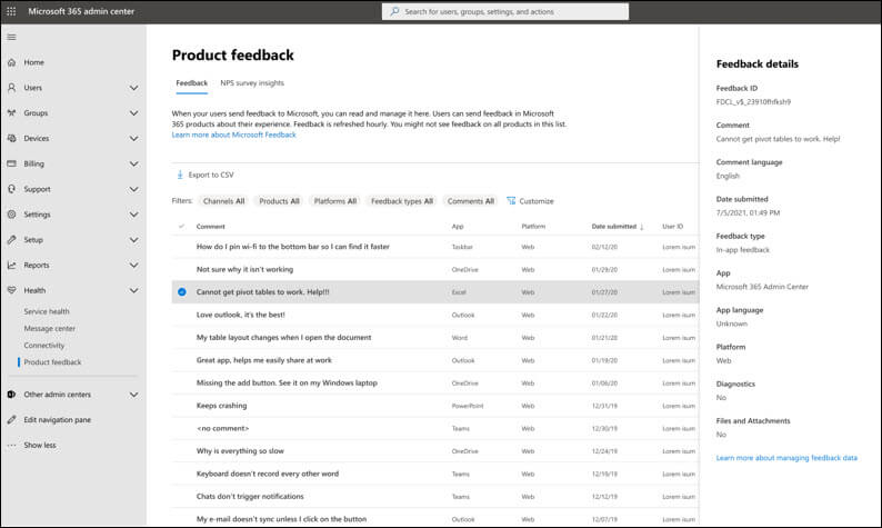 Produktfeedback i administrationscentret för Microsoft 365