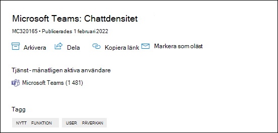 Skärmbild: Visar microsoft teams chattdensitetssida i meddelandecenterinlägget med månatliga aktiva användardata