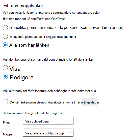 Skärmbild av delningsinställningar för filer och mappar för SharePoint på organisationsnivå.