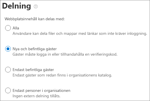 Skärmbild av inställningar för extern delning för SharePoint.