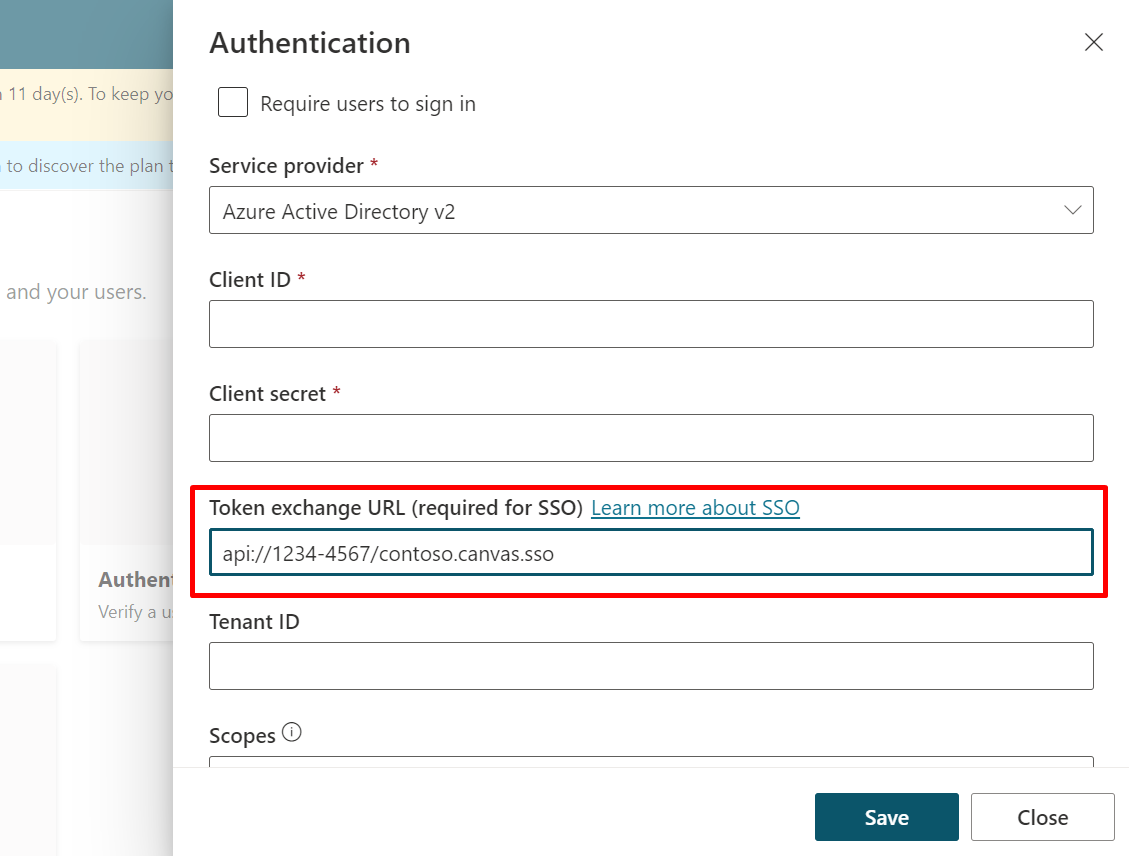 Skärmbild som visar fliken autentisering med API-platsen.