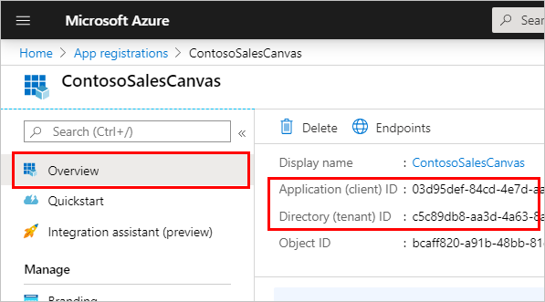 Skärmbild på översiktssidan för appregistrering i Azure-portalen med översikt, program-ID och katalog-ID.