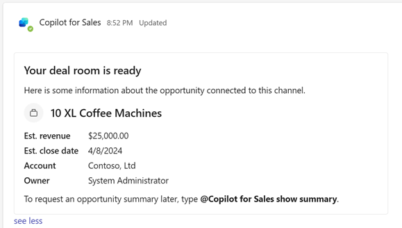 Skärmbild med en sammanfattning av affärsmöjligheten i en affärsrumskanal när funktionerna i copilot AI-funktioner är inaktiverade.