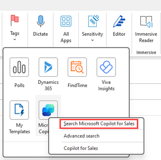 Skärmbild med sökalternativ i Copilot för försäljning-appen i klassisk Outlook.