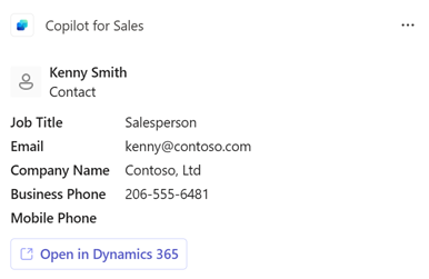 Skärmbild som visar kontaktkortet för Copilot för försäljning.