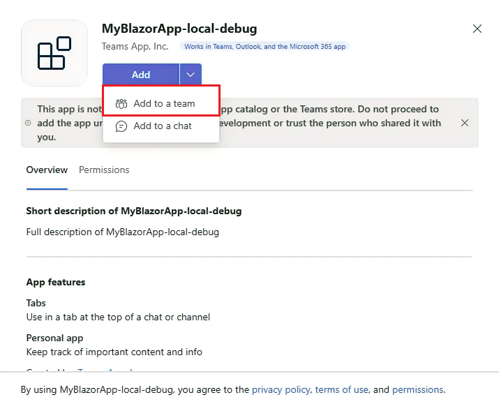 Screenshot shows the option to add your blazor app to a team.