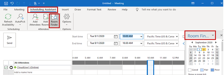 Skärmbild som visar funktionen Hitta rum i vyn Schemaläggningsassistenten i Microsoft 365.