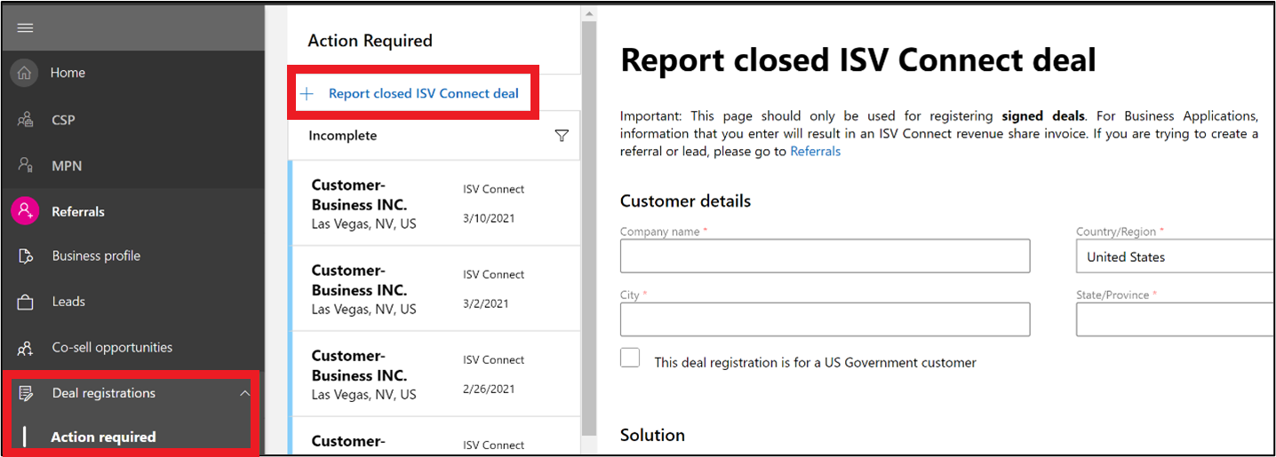 Skärmbild som visar var du kan rapportera ett stängt ISV Connect-avtal i Partnercenter.