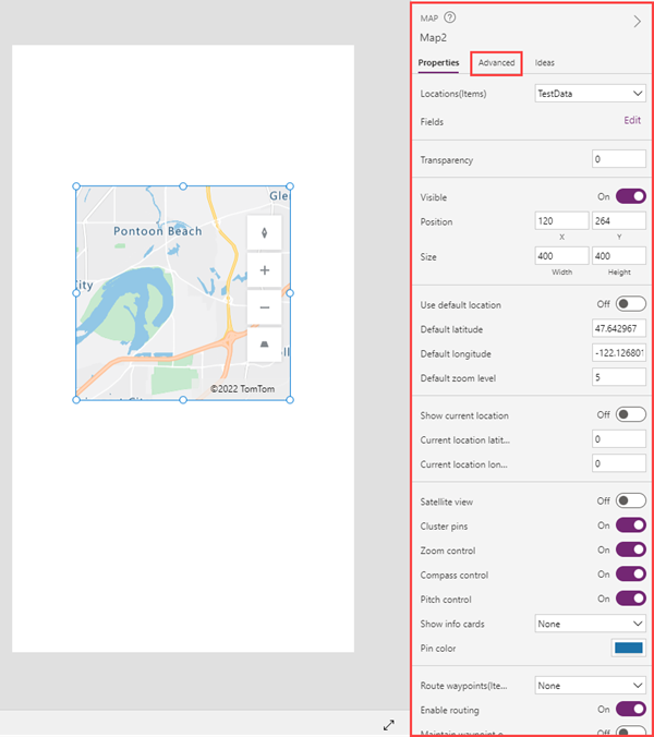 En skärmbild av en telefonapp där en Mappning-kontroll visas bredvid fliken Egenskaper i Microsoft Power Apps Studio.