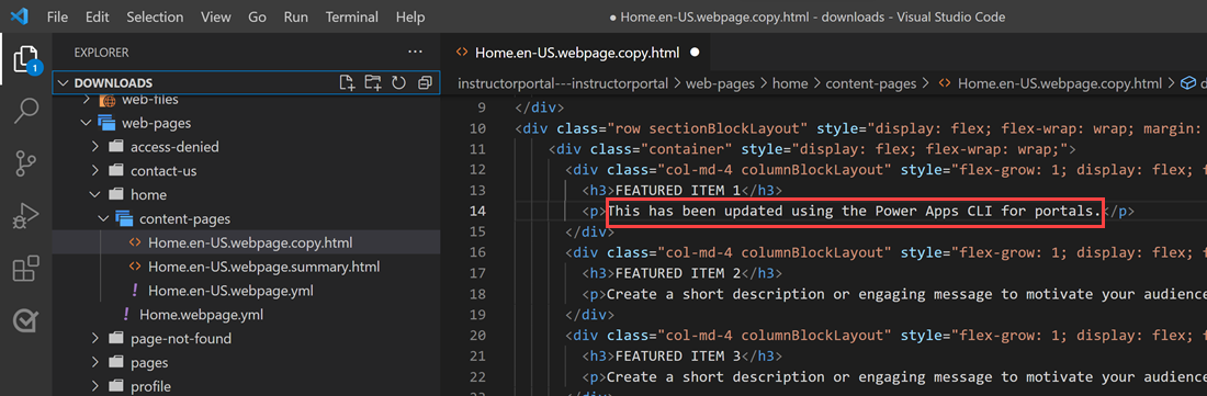 Text som uppdaterats med Visual Studio Code.