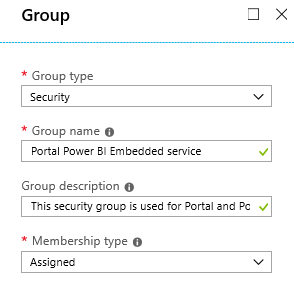 Skapa en säkerhetsgrupp för Power BI Embedded-tjänst.