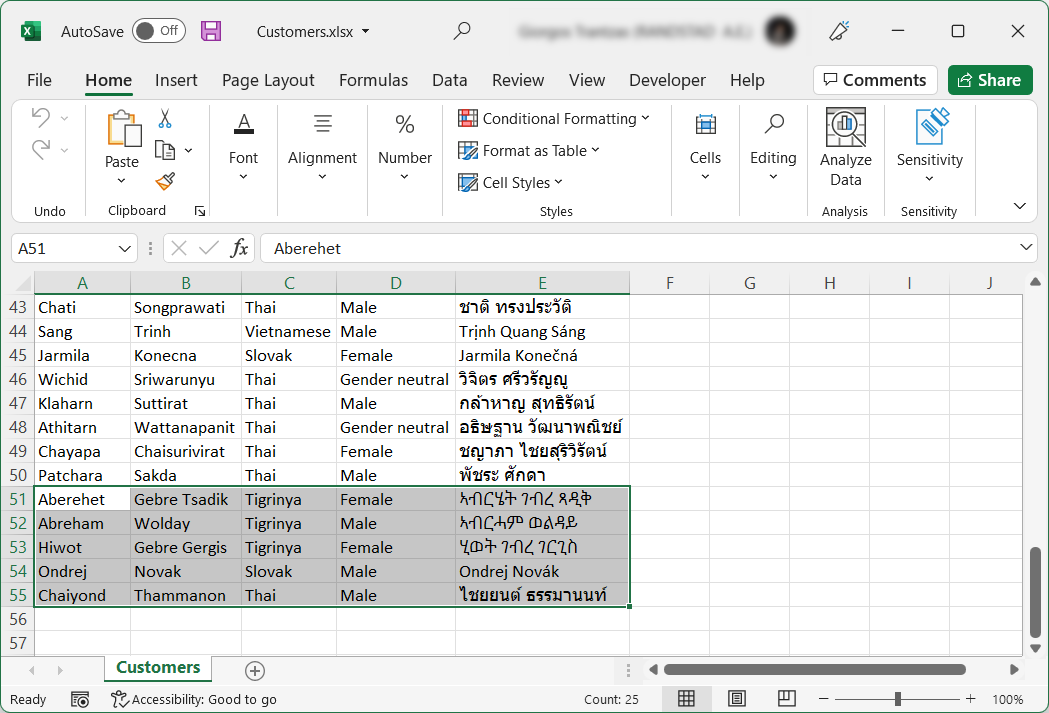 Skärmbild av skriftliga Excel-data.