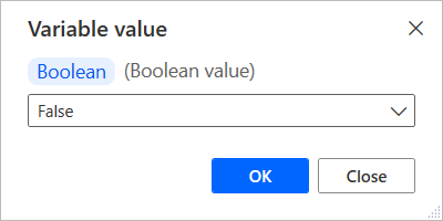 Skärmbild av boolesk variabel som ändras i variabelvisningen.