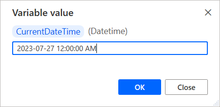 Skärmbild av datetime variabel som ändras i variabelvisningen.