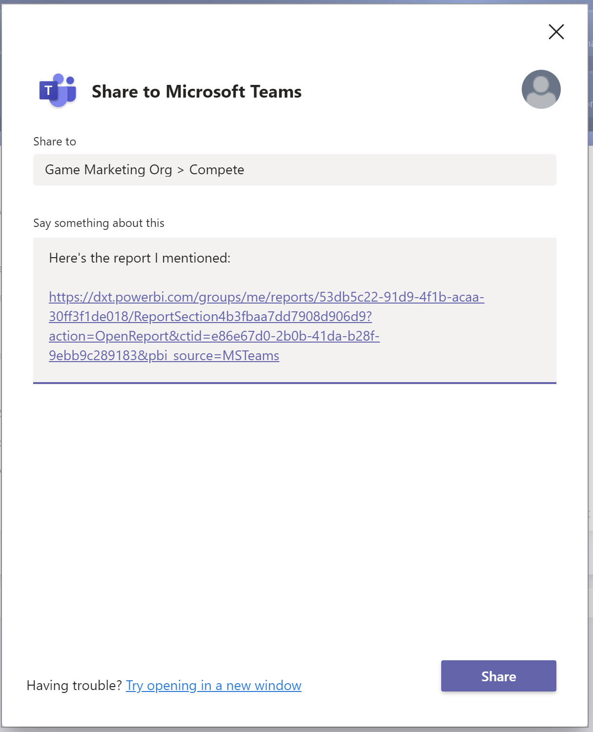 Screenshot that shows the Share to Microsoft Teams dialog.