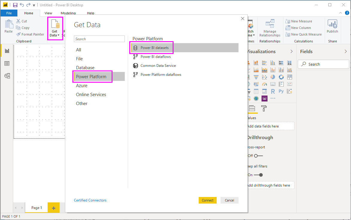 Skärmbild som visar hur du väljer Power BI-semantiska modeller på skärmen Hämta data i Power BI Desktop.