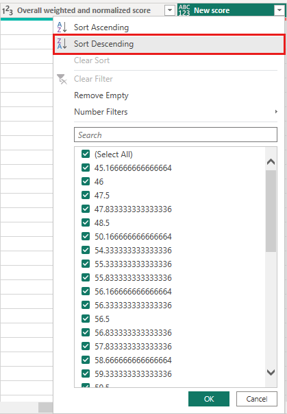 Skärmbild av Power Query-redigeraren som visar kolumnen Ny poäng med Sortera fallande markerat.