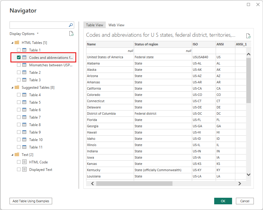 Skärmbild av Power Query-redigeraren navigatorsida med tabellen Koder och förkortningar markerad.