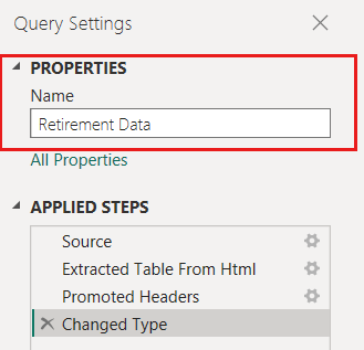 Skärmbild av Power Query-redigeraren som visar hur du redigerar ett tabellnamn i Frågeinställningar.