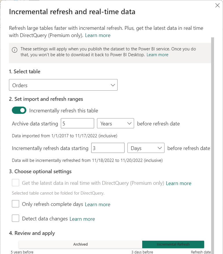 Skärmbild av dialogrutan Inkrementell uppdatering och realtidsdata som visar alternativet Uppdatera tabellen stegvis på.