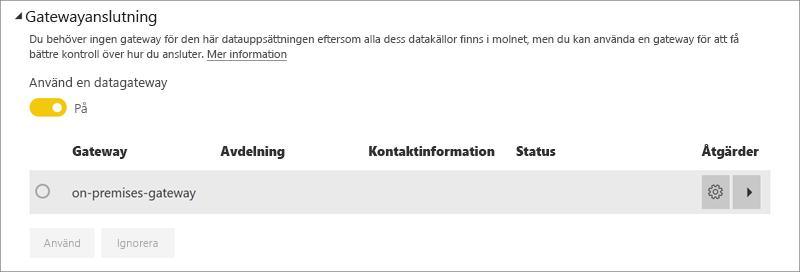 Skärmbild av usluga Power BI gatewayanslutningsdialogruta.